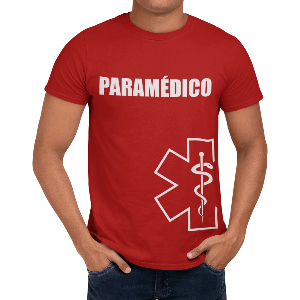 Playera manga corta de algodón, camiseta de hombre para paramédico con estrella de vida - Rojo - Ver 1