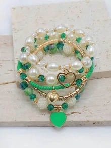 Set de 5 pulseras apilables con perlas y cristales, pulseras de moda y versátiles para mujeres - Azul - Ver 23