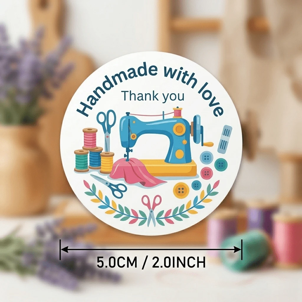 60/120pcs Sewing Machine Themed Handmade Thank You Stickers, Small Business Packaging Sealing Stickers, Quilting Craft Gift Labels, Round Stickers With 4 Patterns - Round - View 1