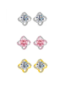 S925 Sterling Silver Four-Leaf Clover Moissanite Earrings, Minimalist Elegant Cubic Zirconia Earrings, Gift Box Packaging For Women - Multicolor - View 1