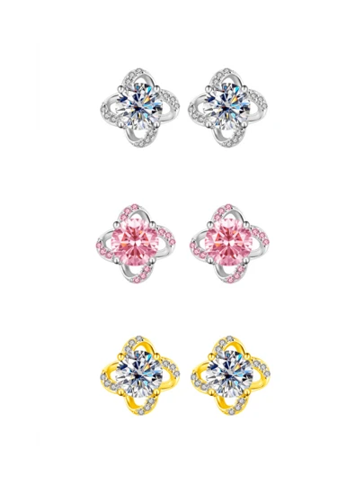 S925 Sterling Silver Four-Leaf Clover Moissanite Earrings, Minimalist Elegant Cubic Zirconia Earrings, Gift Box Packaging For Women