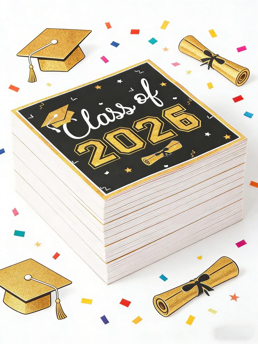 16pcs 2026 Graduation One-Time Paper Napkins, Black & Gold Disposable Napkins With Graduation Cap And Diploma Pattern, Graduation Party Tableware Napkins, Graduation Party Supplies, Congratulations Graduation Party Decorations, Graduation Celebration, Home Decor, Kitchen Decor, Tabletop Decor, Graduation Decorations