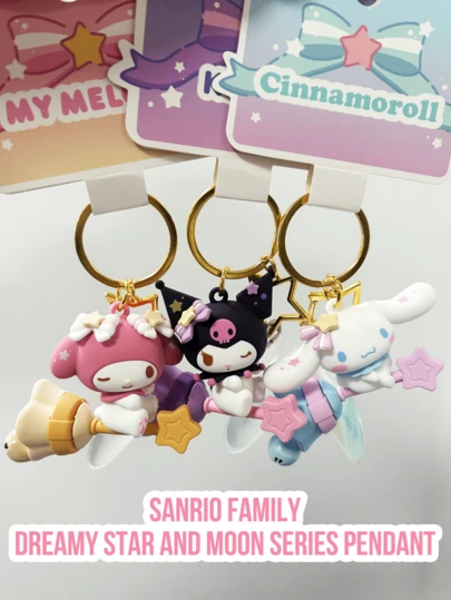 Sanrio Family Dreamy Star And Moon Series Pendant Keychain – 3D Cute Character (Hello Kitty,Kuromi,My Melody,Cinnamoroll) With Star & Moon Broom Charm, Kawaii Phone Charm/Bag Pendant/Key Ring – Anti-Loss, Cute Fashion Accessory For Women – Ideal For Gift, Daily Use, Party, Travel, School – Sanrio Fans Favorite, Y2K Aesthetic, Pastel Decor