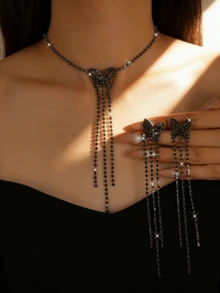 Elegante conjunto de joyería con mariposa, borla y cristal, collar + pendientes largos colgantes, accesorios de lujo para fiestas - Negro - Ver 1
