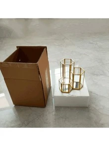 1 buah Kotak Penyimpanan Perhiasan Kaca, Wadah Penyimpanan Kombinasi Heksagonal, Tempat Kuas Makeup Serbaguna, Tempat Pena Kaca Dekorasi Meja, Tempat Kuas Makeup Dekoratif Logam Kreatif Multifungsi untuk Meja - Emas - View 9