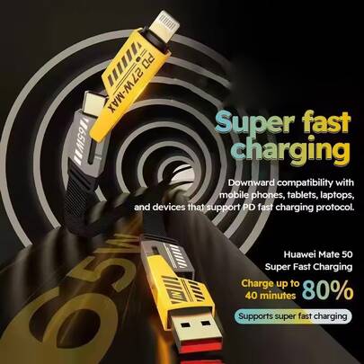 Cable de datos multifuncional 4 en 1 | Carga rápida de alta potencia Tipo-C PD | Interfaz USB universal | Compatible con iPhone 17/16/15/14 | Un cargador para múltiples dispositivos, carga simultánea | Carga rápida, sin sobrecalentamiento | Núcleo de cable reforzado, salida estable | Trenzado de nailon, duradero | Adecuado para coche, hogar, oficina, viaje | Soluciona problemas de carga | Accesorio de viaje esencial