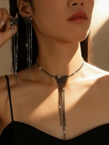 Elegante conjunto de joyería con mariposa, borla y cristal, collar + pendientes largos colgantes, accesorios de lujo para fiestas - Negro - Ver 6