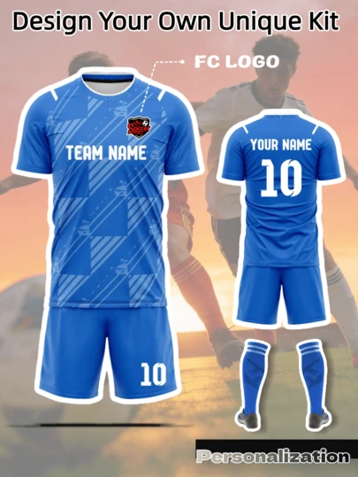 Bộ 2 áo bóng đá họa tiết hình học màu xanh dương tùy chỉnh | Cá nhân hóa cho câu lạc bộ, giải đấu và đội tập luyện | Có thể tùy chỉnh với logo đội, số áo và tên cầu thủ | Chất liệu thấm hút mồ hôi | Lý tưởng cho các trận đấu cạnh tranh và quảng bá thương hiệu đội bóng.