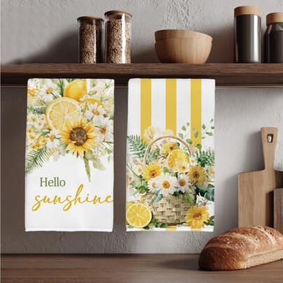 2pcs Summer Lemon & Sunflower Pattern Kitchen Towels, Soft Polyester Material Dish Cloths, Suitable For Kitchen Decor, Cleaning, Holiday Party Decoration, Kitchen & Bathroom Essentials, Home Decor, Housewarming Gift