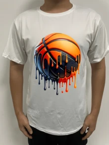 男士时尚篮球印花圆领短袖休闲T恤 - 白色 - 查看 2
