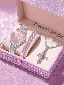 3pcs/Set Fashionable Round Design Versatile Luxury Women's Watch Set, Elegant Business Style - Pink - View 4