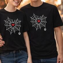 Camiseta con diseño de corazón de telaraña, camisetas para parejas, ideales para conjuntos románticos a juego, uso diario, regalos de cumpleaños, regalos de Halloween o como camiseta conmemorativa para amigos o seres queridos. También adecuada como suéter. Entrega rápida. - Mujer oscura - Ver 1
