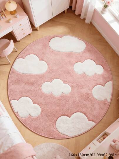 1pc Soft Girl Style Round Carpet, French Cream Ins Elegant Round Rug, Decorative Carpet, Floor Mat Cradle Mat, Suitable For Living Room, Bedroom, Study, Warm Home Decor, Soft And Dirt-Resistant, Pink And White Cloud Pattern, Cute And Healing Style, Fits Girly Bedroom, Gaming Area And More