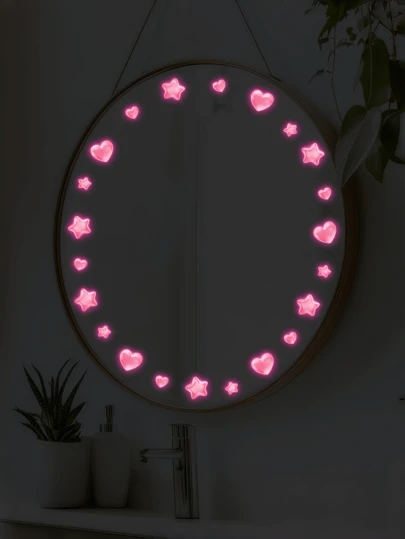 夜光星星和爱心墙贴，适用于浴室、卧室 - 复古闪光塑料贴纸，形状不规则，在夜晚闪闪发光，适用于房间和主题装饰。可移除半哑光自粘墙贴，适用于客厅、卧室和儿童房。家居装饰贴纸、墙贴、乙烯基贴纸、春季装饰，为您的家增添活力。Rama 装饰贴纸礼品，生日和毕业礼物。