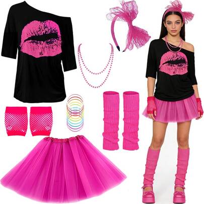 9件套80年代复古服饰配件 - 露肩T恤+蓬蓬裙+手套+腿套+发带+项链+彩色手链，复古服饰，适合节日、万圣节派对、角色扮演、迪斯科舞会，也是节日和生日的时尚礼物