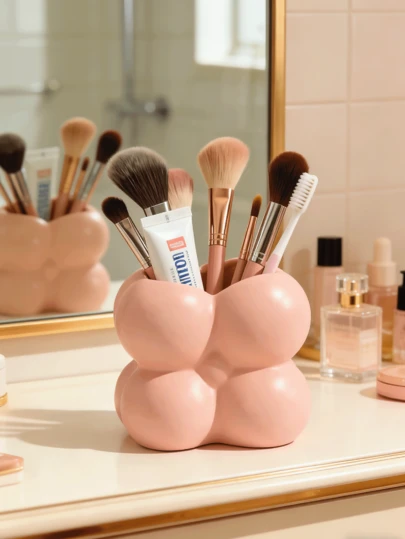 1 PC High-End Donut-Shaped Nordic Style Bathroom Vanity Brush Holder, Makeup Brush Organizer, Comb Holder, Powder Brush Organizer Box, High-Value Multifunctional Pen Holder Ornament Design, Large Capacity, Suitable For Office, Home Decoration, And Storage Space.