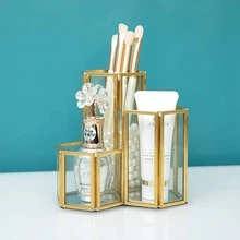 1 buah Kotak Penyimpanan Perhiasan Kaca, Wadah Penyimpanan Kombinasi Heksagonal, Tempat Kuas Makeup Serbaguna, Tempat Pena Kaca Dekorasi Meja, Tempat Kuas Makeup Dekoratif Logam Kreatif Multifungsi untuk Meja - Emas - View 5