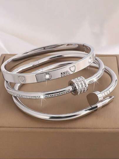 3件套高品质不锈钢心形锆石手链，男女皆宜，可个性化设计，心形锆石手链，珠宝配饰礼品，黄金首饰，女士手链配饰，女士不锈钢手链，女士西式首饰