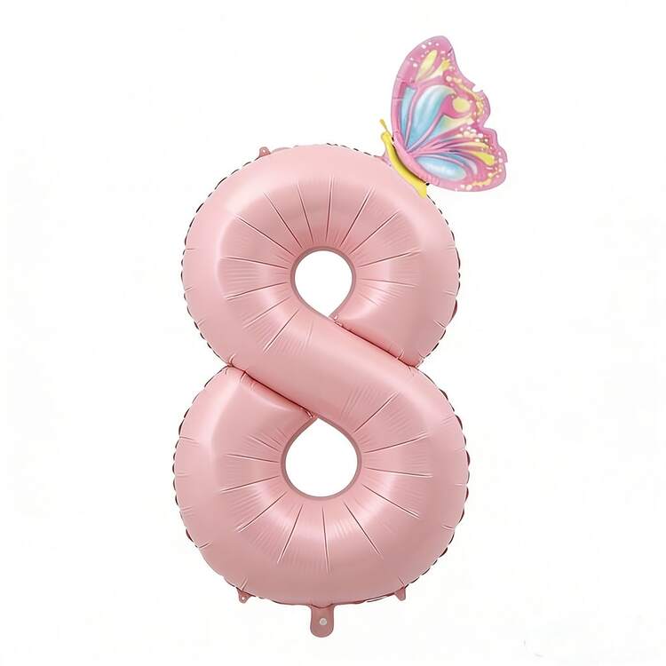 40英寸粉色皇冠气球，数字0-9，粉色铝箔氦气球，带蝴蝶皇冠，生日气球，主题装饰 - 數位蝴蝶氣球 - 查看 4