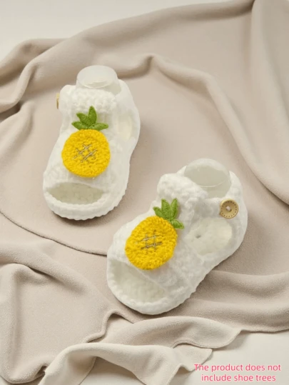 1 Pair Handmade Crochet Infant Sandals, White With Pineapple Pattern Decor, Soft Knitted Booties