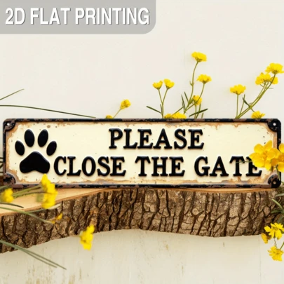 Biển báo kim loại in phẳng 2D, 1 chiếc, cách điệu "Vui lòng đóng cổng" với hình dấu chân chó - Trang trí tường phong cách nhà nông thôn cổ điển, thích hợp cho hiên nhà, lối vào, sân vườn - 4x16 inch, không cần nguồn điện, trang trí hình chó.