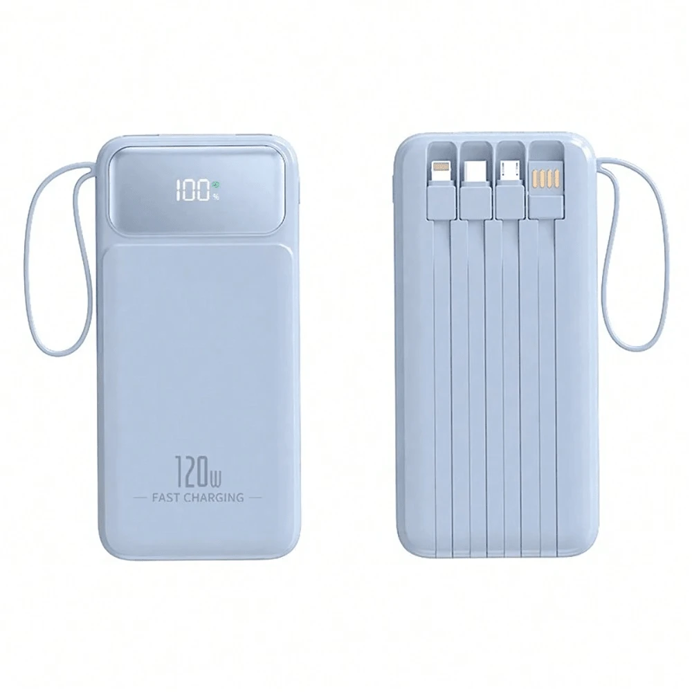 YISEN 60000mAh Portable Power Bank, 120W Fast Charging, 4 Built-In Cables, LED Display - Blue - View 1
