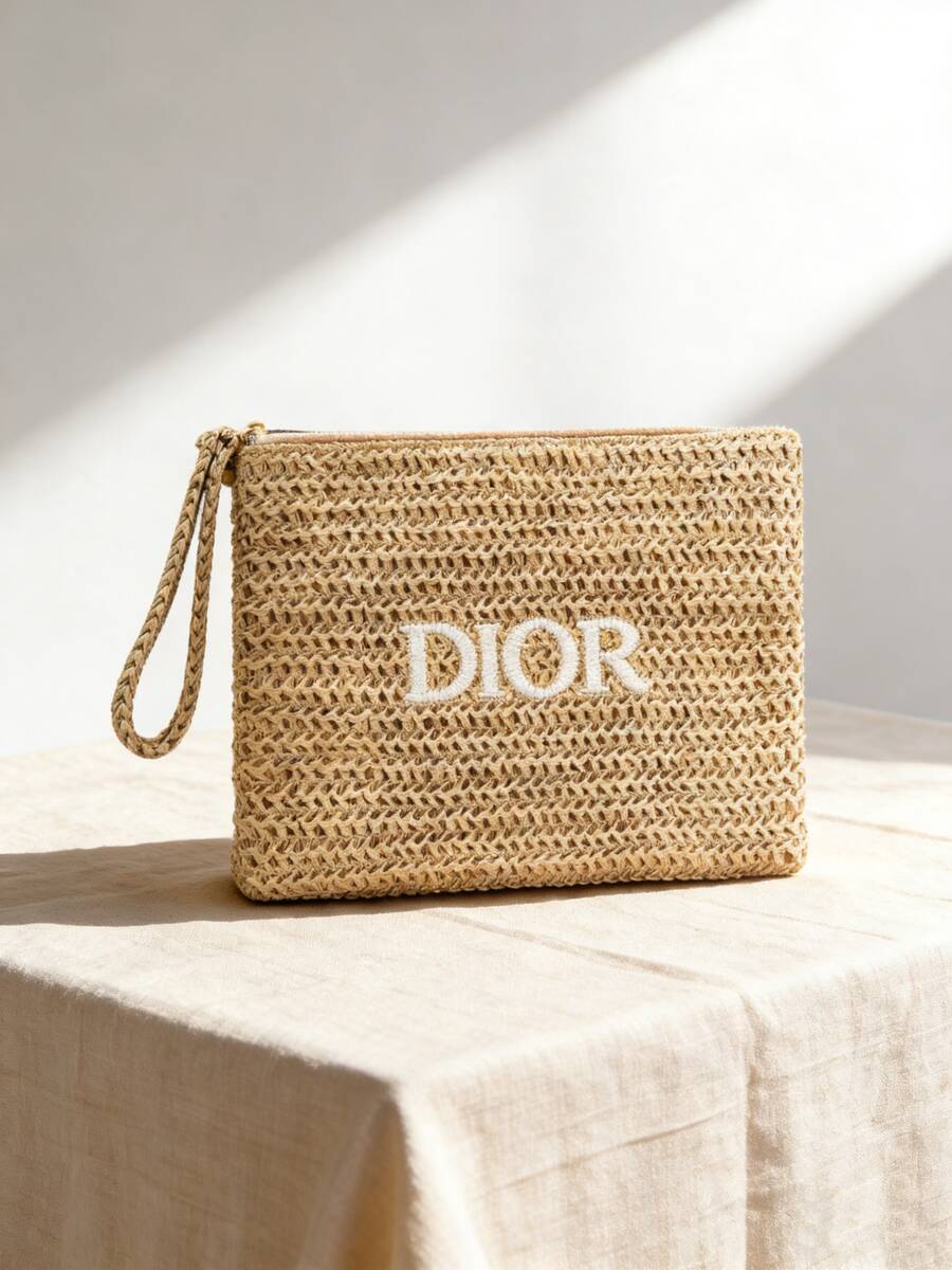 Dior Túi cói thêu logo mới của Materiel. Một chiếc túi đựng mỹ phẩm tinh tế. Thời trang Xuân Hè 2026 mới. Vật dụng cần thiết khi đi du lịch. Một chiếc túi đựng đồ đơn giản và phong cách. Túi đựng đồ trang điểm, một chiếc túi xách tiện dụng. Cũng thích hợp để sắp xếp túi đồ vệ sinh cá nhân của bạn. - Màu be - Xem 1
