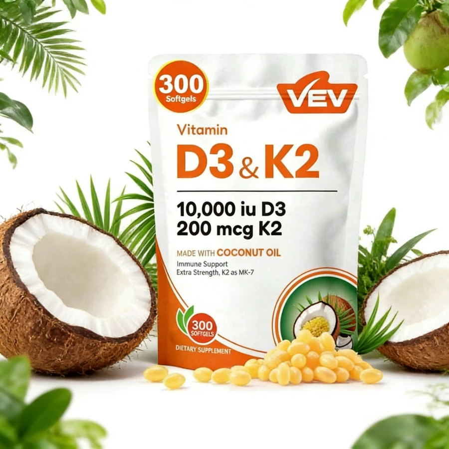 VEV Vitamin D3 & K2 Softgels | 10,000 D3 + 200 Mcg K2 | 300 Count | Made With Coconut Oil | Extra Strength Immune Support | Dietary Supplement - 無味 - 查看 1