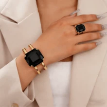 Bộ 2 chiếc vòng tay và nhẫn cao cấp, thiết kế độc đáo, đính đá giả ruby và emerald hình học, có thể điều chỉnh kích thước, thích hợp cho tiệc tùng, đi làm hoặc các buổi gặp gỡ. - hình học - Xem 3