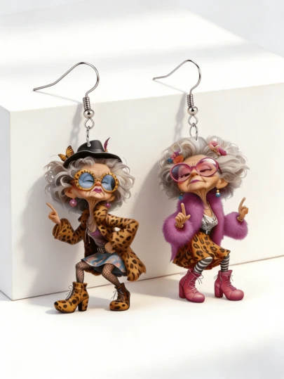 1 par de pendientes con colgante de abuela 2D adorables y de moda, de material acrílico plano, accesorio diario y de fiesta, joyería con estilo, regalo para el Día de la Madre y días festivos, adecuado para todas las estaciones