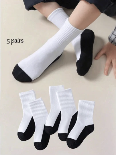 5 Pairs Black & White Casual Socks, Elastic Mid-Calf Sport Breathable Socks For Students
