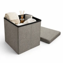 Cubo Puf Organizador De Lino Plegable Multiusos Con Tapa Acolchada Y Gran Capacidad De Almacenamiento 38x38x38cm - Arena - Ver 1