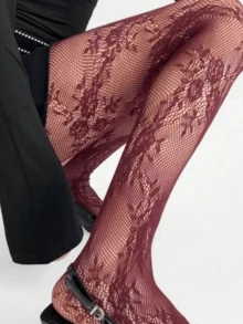 1 para pończoch rybackich z koronką w kwiaty w stylu vintage, w kolorze czerwonym/czarnym/kawowym/białym/szarym - Wielokolorowe - Zobacz 8