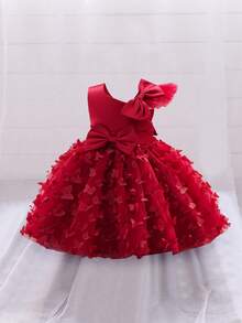 女婴无袖蝴蝶贴花薄纱蓬蓬裙，适合婚礼花童，不含头饰 - 酒紅色 - 查看 3