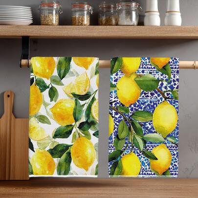 2条夏季水彩柠檬图案厨房毛巾，40*60厘米，柔软超细纤维材质，适用于家庭、厨房、餐厅、户外露营、桌面清洁、洗碗、擦手，亦可作为节日礼物。