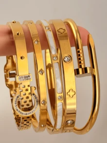 Bộ 5 vòng tay mạ vàng PVD 18K có thể xếp chồng lên nhau | Vòng tay mảnh mai chống thấm nước | Họa tiết pha lê và hình học | Trang sức thời trang tối giản dành cho nữ - Vàng - Xem 9