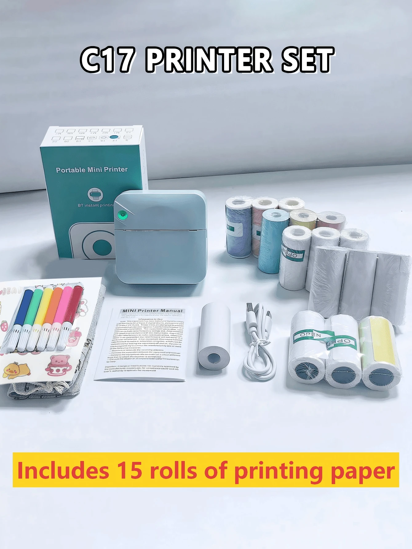 RGB热敏迷你打印机/便携式无线口袋蓝牙无墨照片打印机/便携式迷你标签打印机套装/蓝牙无线热敏无墨打印机,支持iOS和Android系统,可打印照片/待办事项清单/计划贴纸DIY日记,附赠15卷打印纸(3卷彩色热敏贴纸+3卷彩色热敏纸+3卷热敏贴纸+3卷热敏纸+2卷热敏标签纸+1卷彩色热敏标签纸),USB充电,可爱便携。 - 淺藍色 - 查看 1