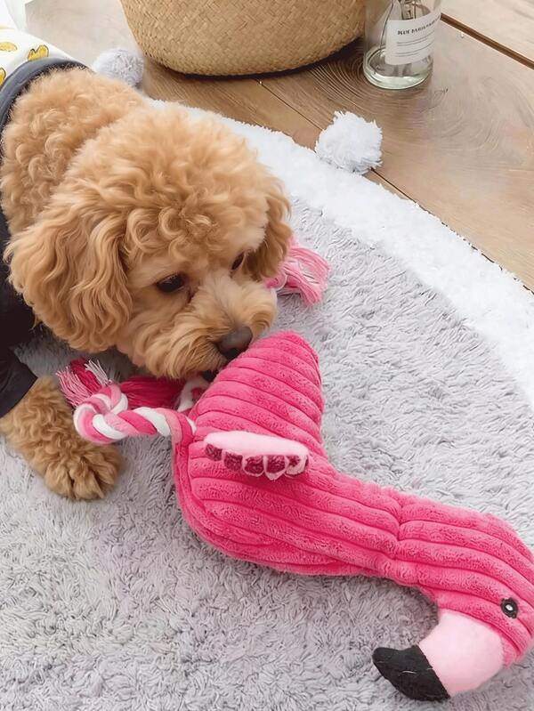 会发出吱吱声的毛绒火烈鸟宠物玩具：磨牙益智灯芯绒狗狗玩具 - 火烈鸟造型毛绒宠物玩具（内置发声器） - 促进牙齿健康和智力发育 - 采用灯芯绒面料制成 - 宠物的完美伴侣礼物