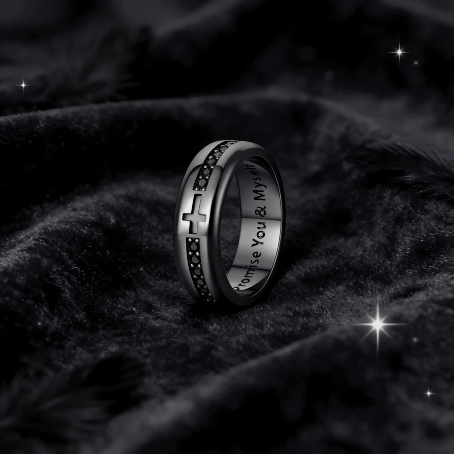 Men's Gothic Punk Cross Spinner Ring, Black Stainless Steel Engraved "Promise You & Myself" Promise Ring, Hip Hop Streetwear Jewelry For Daily Wear - Gun Black - View 1