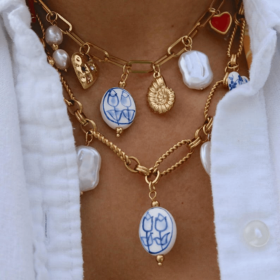 Handpainted Blue Lotus Ceramic Beaded Bohemian Style Shell Layered Necklace, Gold Chain With Baroque Pearl Heart Pendant, Summer Beach Vibe Jewelry For Women