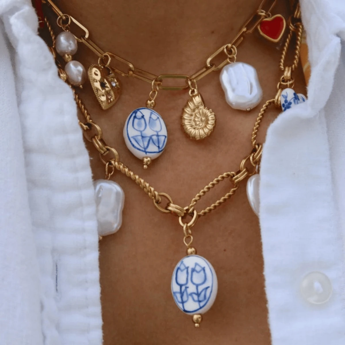 Handpainted Blue Lotus Ceramic Beaded Bohemian Style Shell Layered Necklace, Gold Chain With Baroque Pearl Heart Pendant, Summer Beach Vibe Jewelry For Women - Gold - View 1