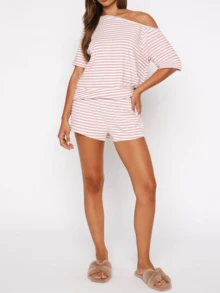Women Summer Pajama Set Solid Color Off Shoulder Short Sleeve Tops And Mini Shorts 2 Piece Lounge Outfit - Pink - View 5