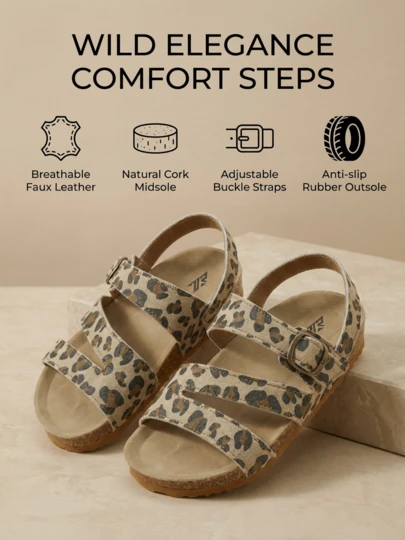 Recomendación talla grande vendida: Sandalias de suela de madera blanda con estampado de leopardo para niños de 3 a 12 años. Ante color caqui claro con estampado de leopardo clásico. Tres correas con hebillas de metal doble. Sandalias con cordones en la parte trasera. Estilo casual retro estilo estadounidense. Versátil para uso diario. ¡Adecuado para ropa de primavera y verano!