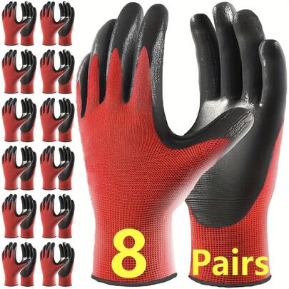 4/8 pares de guantes de trabajo de nitrilo para jardinería, pesca y tareas automotrices - Transpirables, agarre antideslizante, mezcla de poliéster duradera, diseño ambidiestro, lavables a máquina, guantes de jardín
