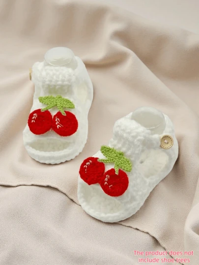 1 Pair Handmade Crochet Infant Sandals, White With Red Cherry Decor, Soft Knitted Booties