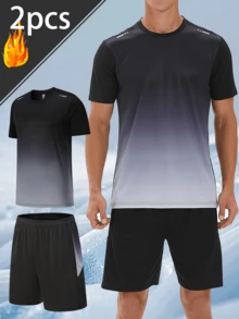 Men's Quick-Drying Tracksuit, Gradient Color Short-Sleeved Shirt, Shorts, T-Shirt, Summer Running, Sports Training, And Fitness Wear. - Grey - View 1