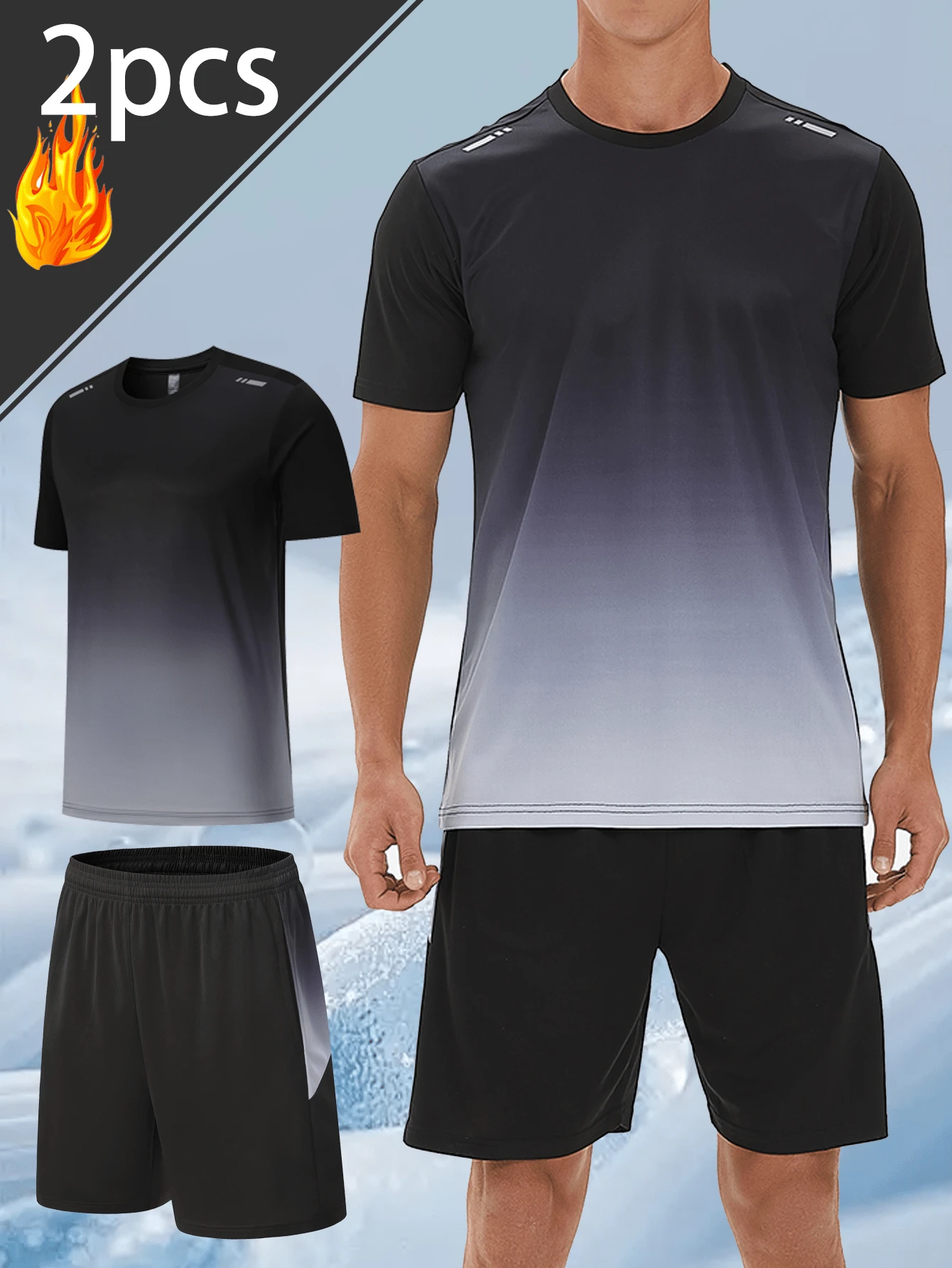 Men's Quick-Drying Tracksuit, Gradient Color Short-Sleeved Shirt, Shorts, T-Shirt, Summer Running, Sports Training, And Fitness Wear. - Grey - View 1