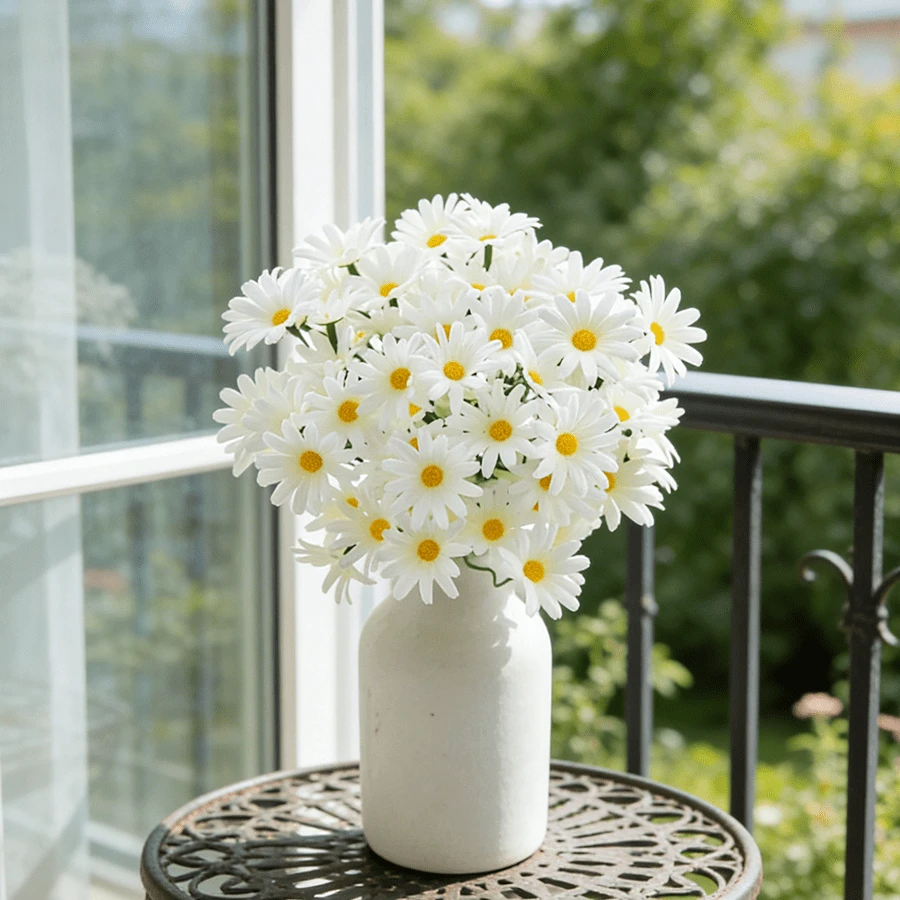 5pcs/6pcs Artificial Small Daisy, White Silk Cloth Realistic Small Daisy, Living Room Dining Table Decor, Pastoral Style Floral Arrangement, Delicate Petal Texture, Non-Fading, Paired With Lifelike Green Leaves, Reproducing Natural Daisy Form, Flexible Stems Can Be Adjusted, No Watering Maintenance Required, Maintain Fresh And Elegant Look For Long, Can Be Arranged Into Bouquets Or Single Accents - Holding Chrysanthemums-white - View 1