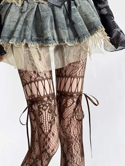1双黑色/白色/咖啡色/灰色/紫色系带镂空蝴蝶结渔网袜，Y2K风格，春夏款