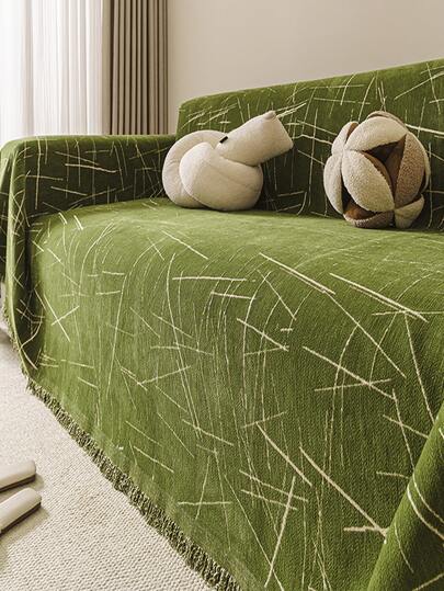 1pc All-Season Solid Color Sofa Throw Blanket, Tasseled Line Pattern Sofa Cover, Machine Washable, Non-Slip Furniture Protector, Suitable For Living Room, Bedroom, Home Decor, Wedding, Holidays, Eid, Mother's Day Gift